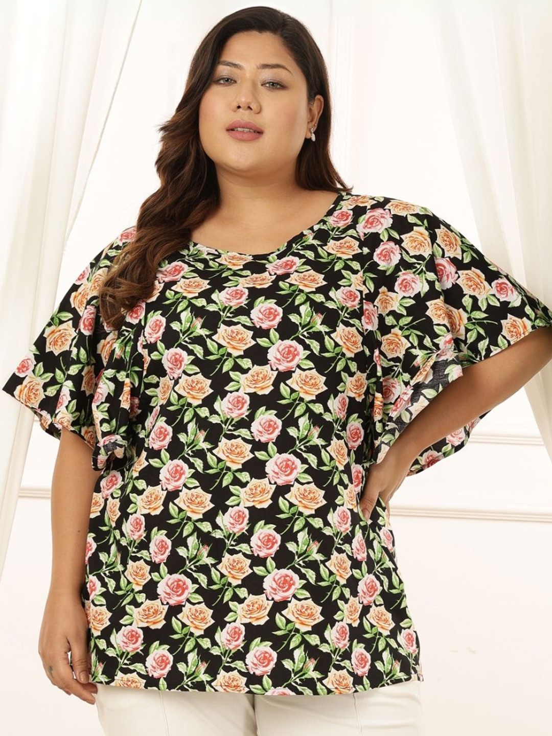 

Amydus Plus Size Floral Flare Cotton Top, Black