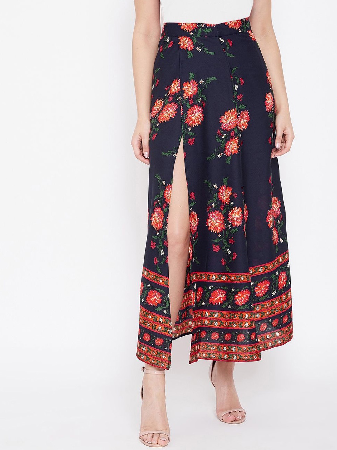 

Berrylush Floral Printed High Rise A-Line Maxi Skirt, Navy blue