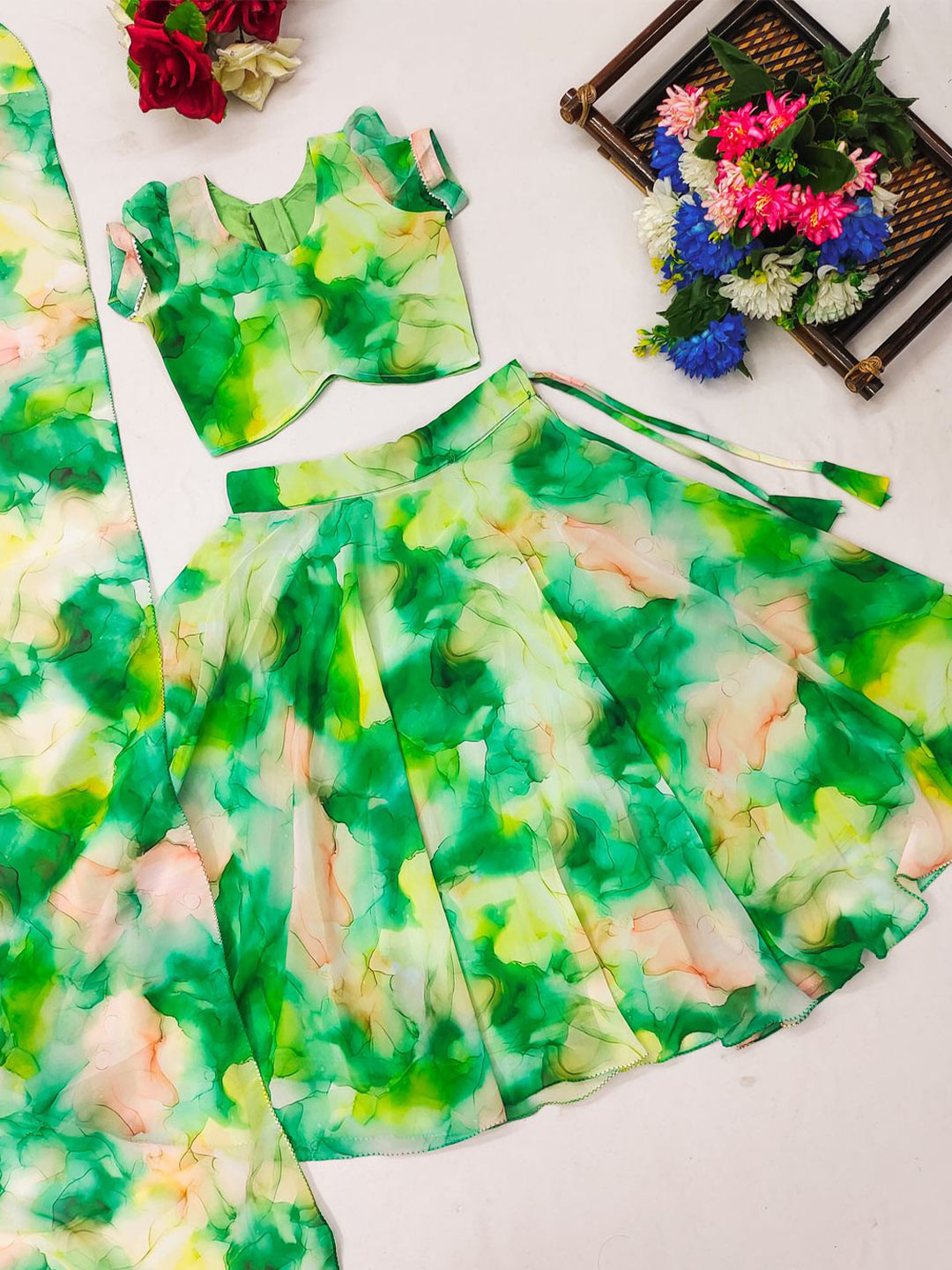 

BAESD Girls Tie and Dye Printed Lehenga & Choli With Dupatta, Green