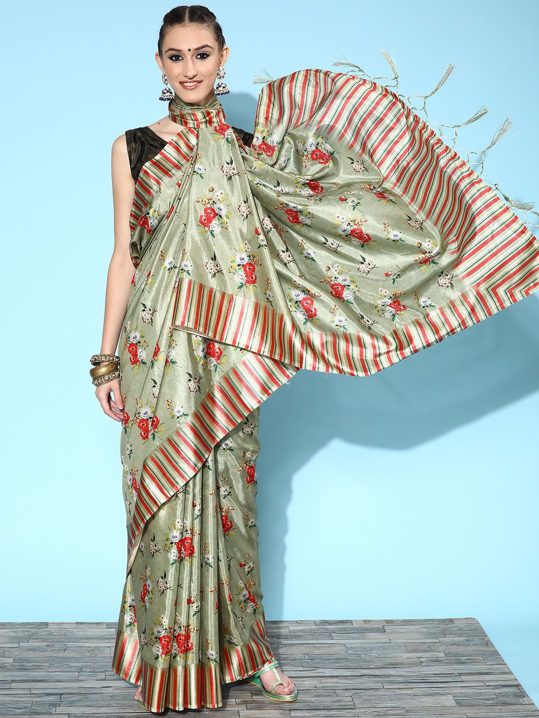 

Mitera Floral Silk Blend Saree, Olive