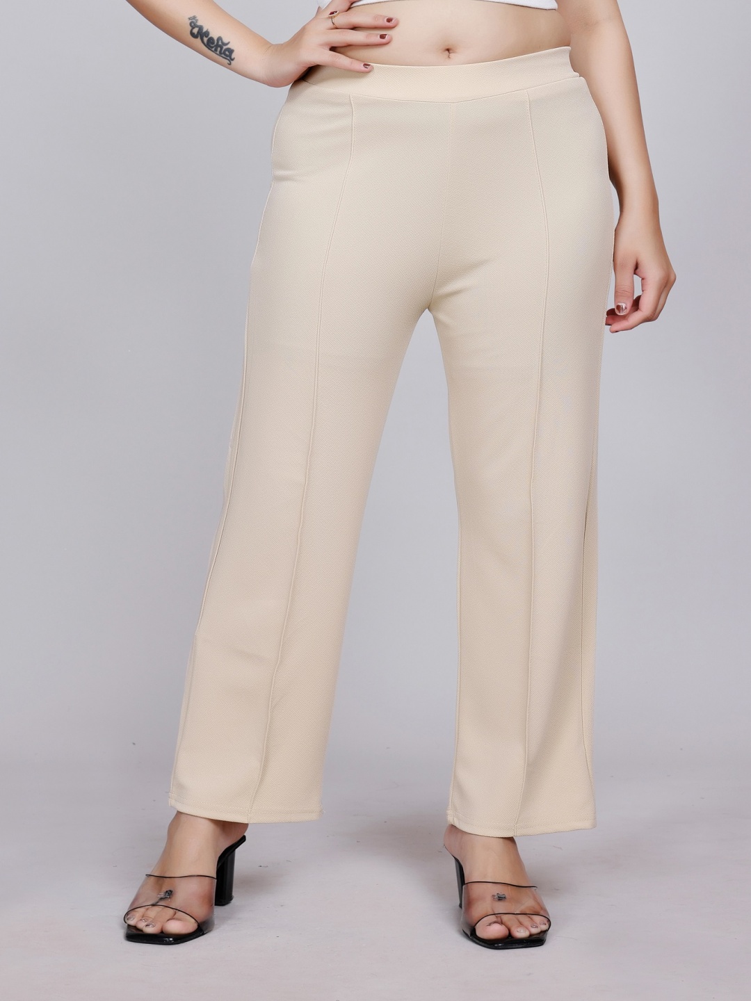 

NU CLOTHS Women Relaxed Straight Leg High-Rise Trousers, Beige