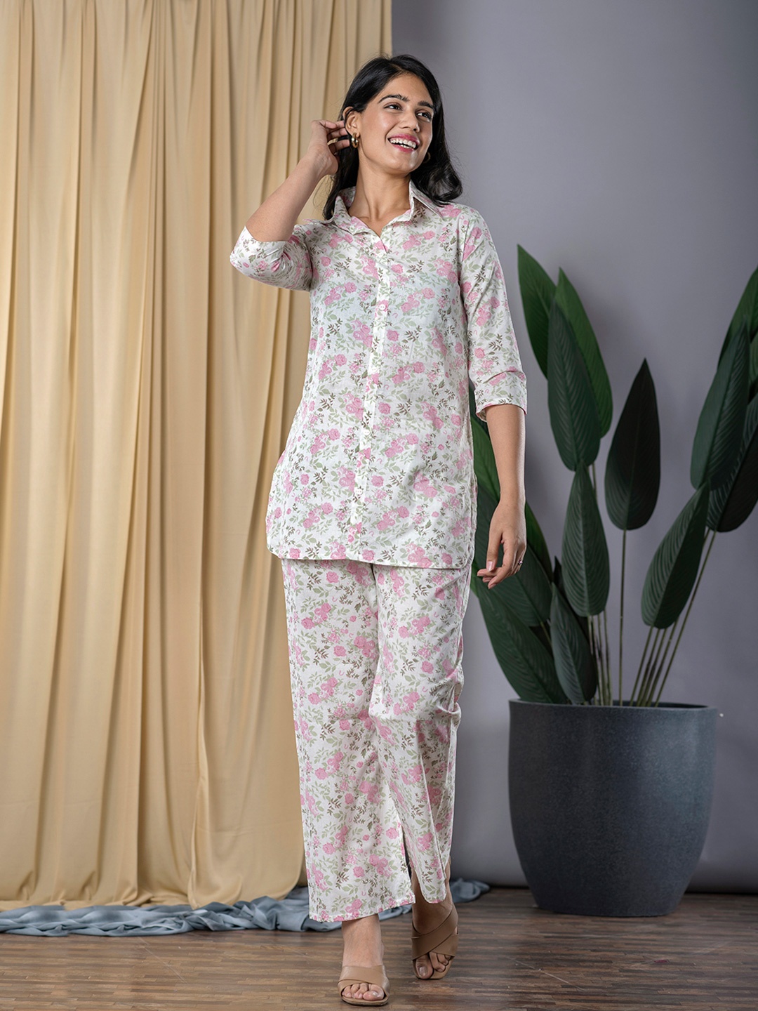 

KALINI Printed Pure Cotton Shirt With Trousers, White