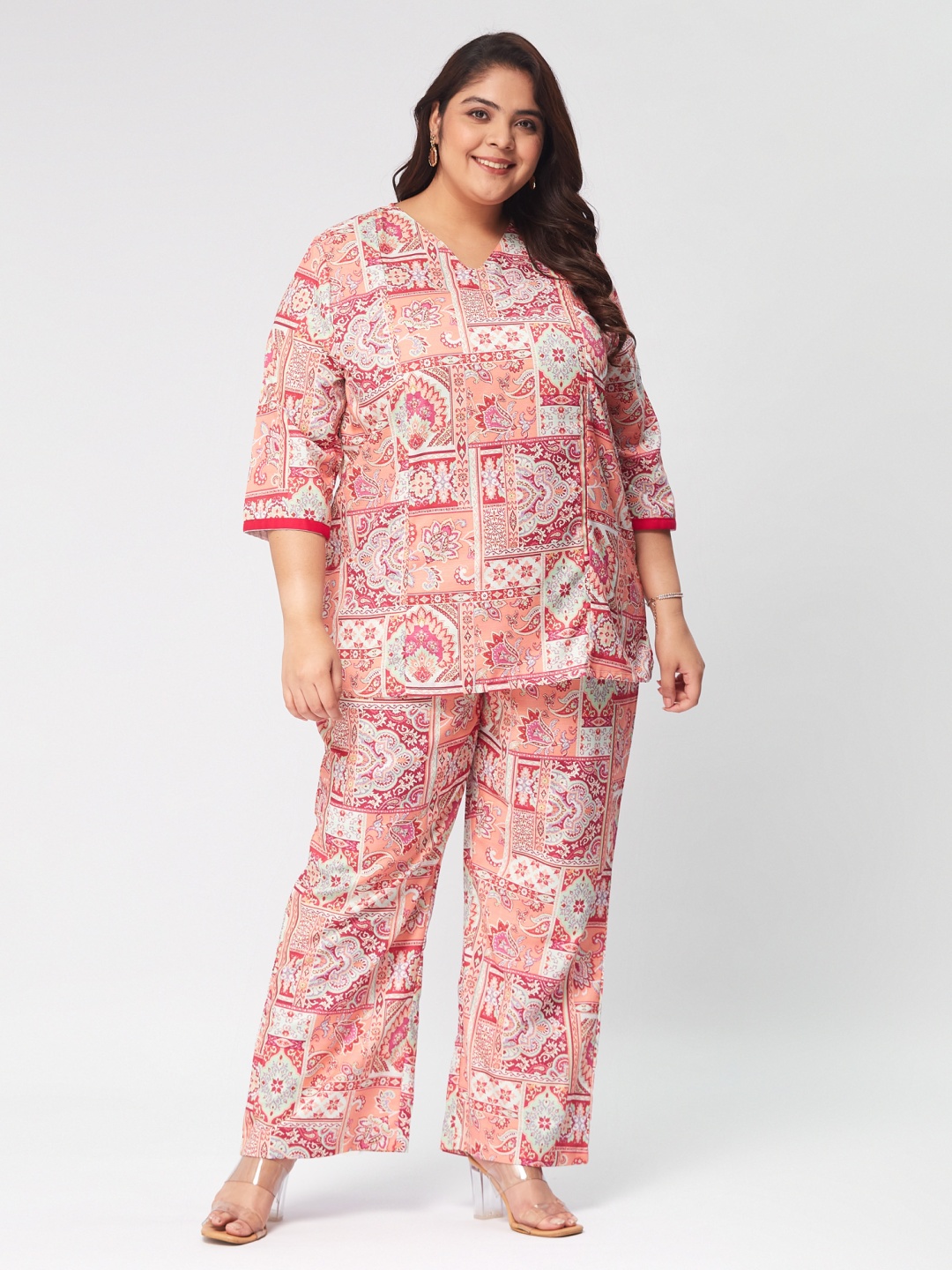 

Big Hello - The Plus Life Women Paisley Printed Angrakha Gotta Patti Kurta with Skirt & With Dupatta, Peach