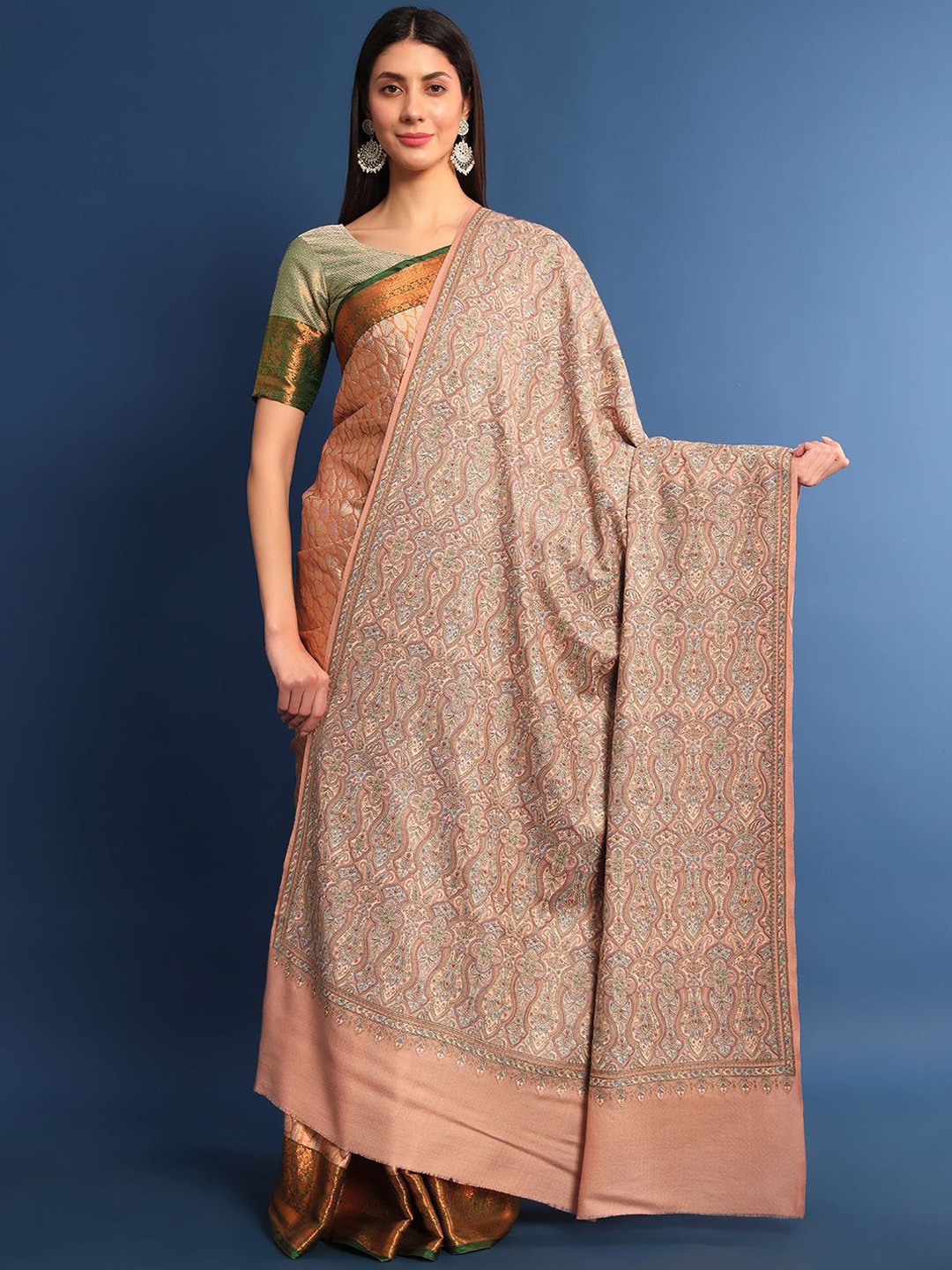 

Pashmoda Ethnic Motifs Embroidered Woollen Shawl, Pink
