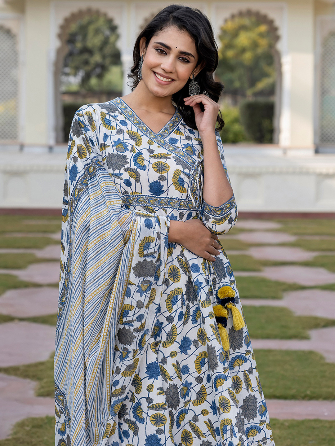 

KALINI Women Floral Printed Angrakha Pure Cotton Kurta with Palazzos & With Dupatta, Blue