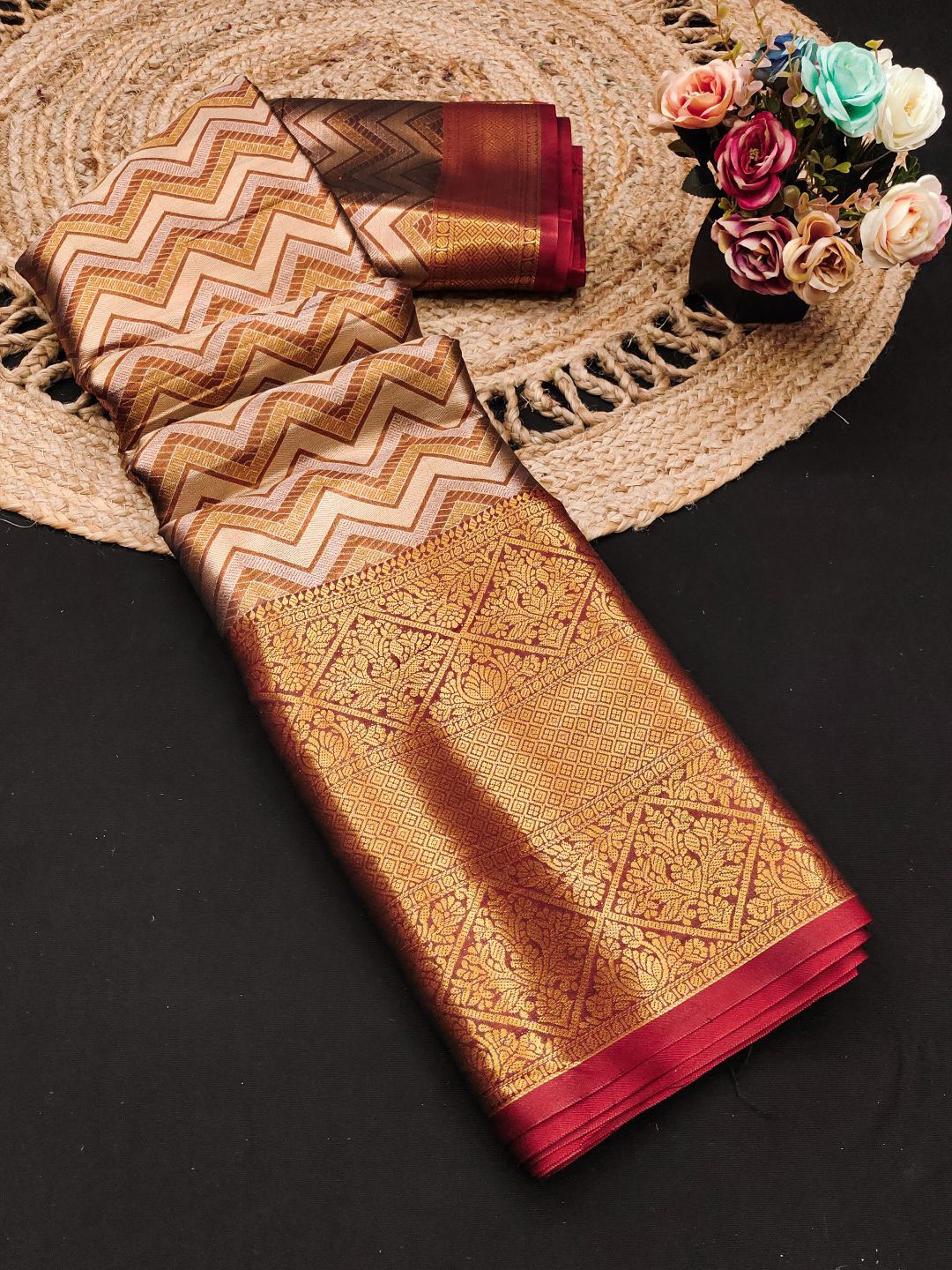 

yourwish Striped Zari Pure Silk Kanjeevaram Saree, Brown