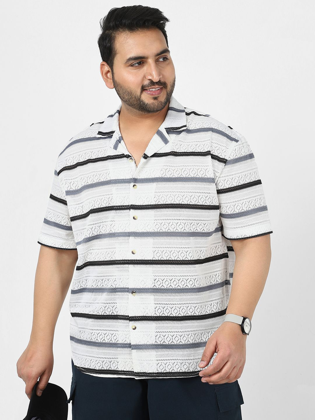 

Urbano Plus Men Cotton Half Sleeve Oversized Fit Cuban Collar Textured Crochet Shirt, White