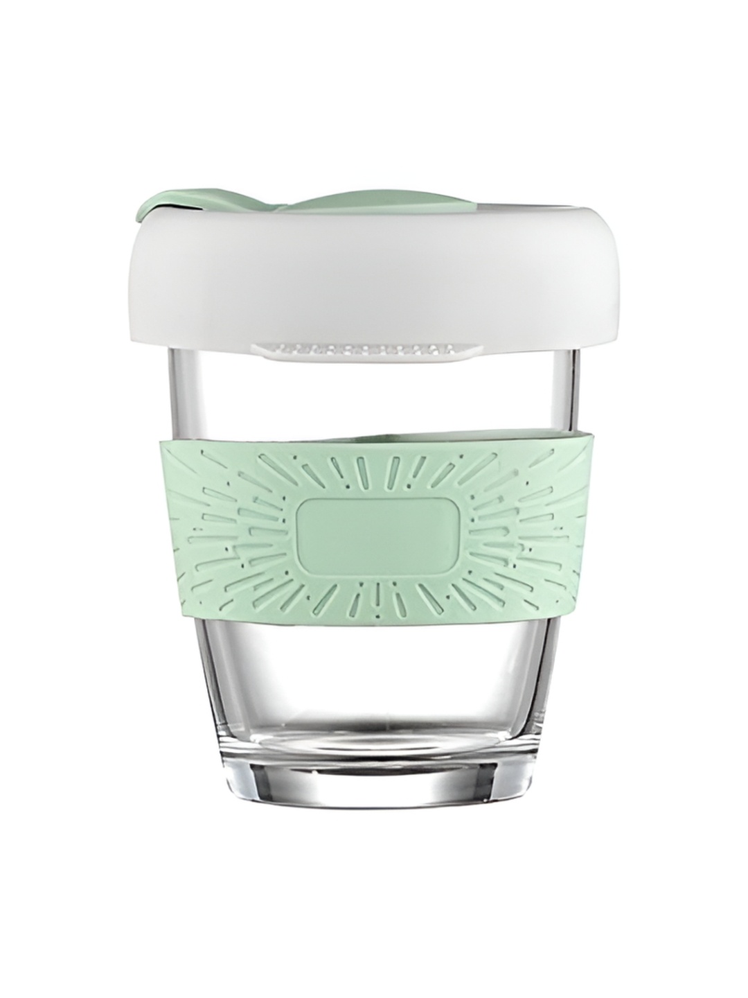 

Baskety Green & Transparent Glass Glossy Mugs 350ml With Silicone Sleeve & Lid