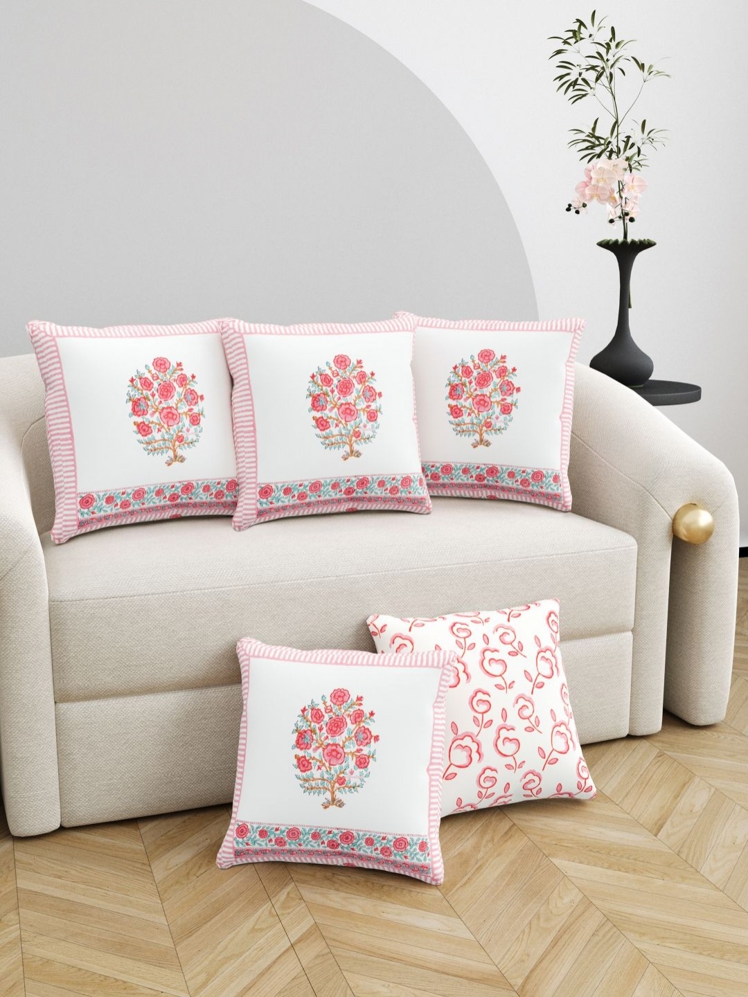 

BLOCKS OF INDIA Pink & White Set of 5 Ethnic Motifs Square Cushion Covers