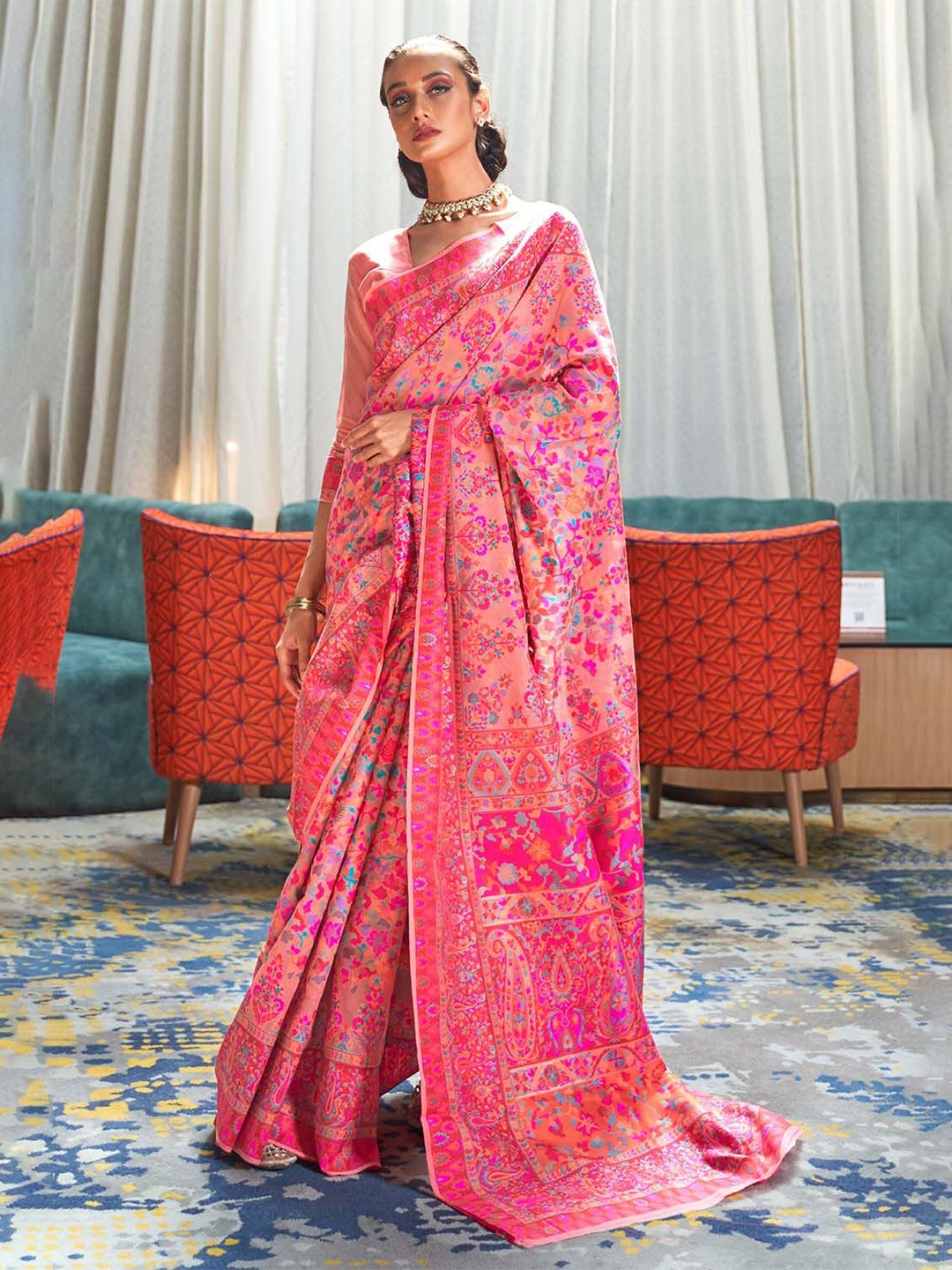

FASHION STROM Woven Design Silk Blend Banarasi Saree, Pink