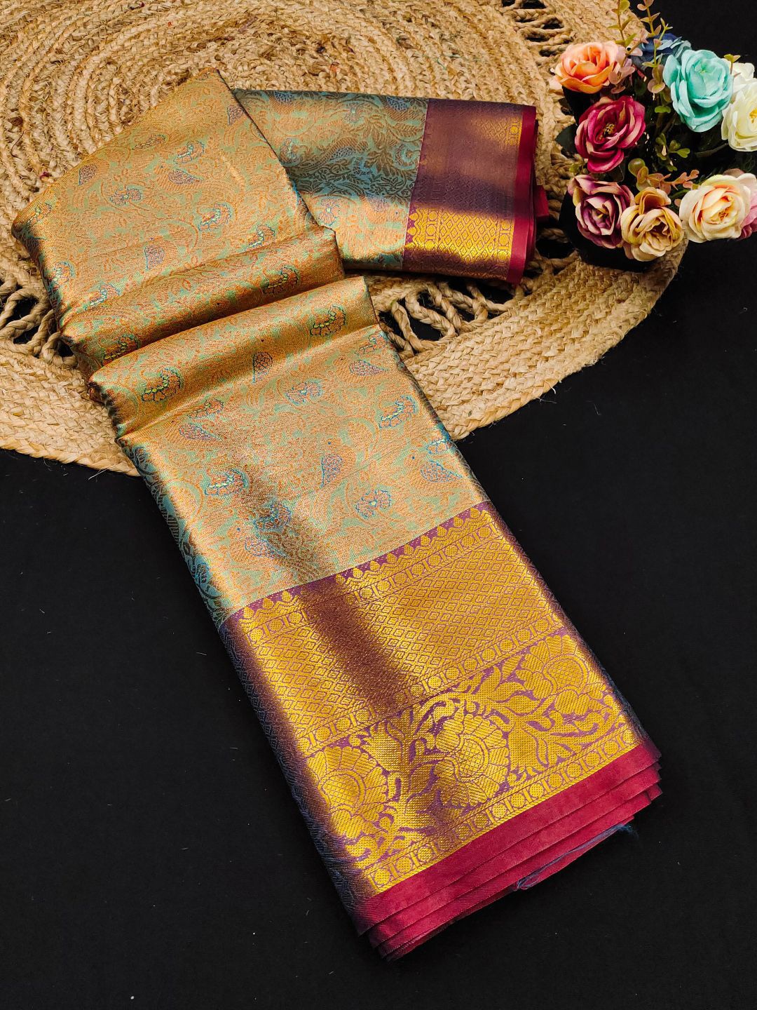 

yourwish Ethnic Motifs Zari Pure Silk Kanjeevaram Saree, Teal