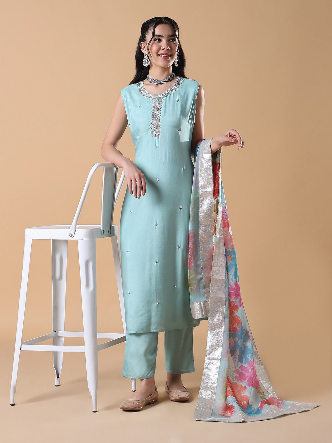 

SHOWOFF Women Embroidered Regular Beads and Stones Kurta with Trousers & With Dupatta, Blue