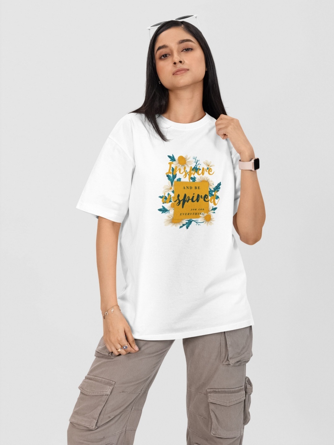 

Moda Rapido Women Printed Drop-Shoulder Sleeves Applique T-shirt, White