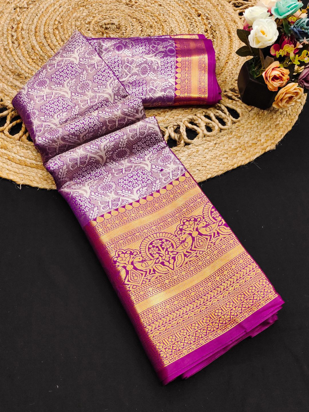 

SILKWEAR Woven Design Zari Pure Silk Kanjeevaram Saree, Purple