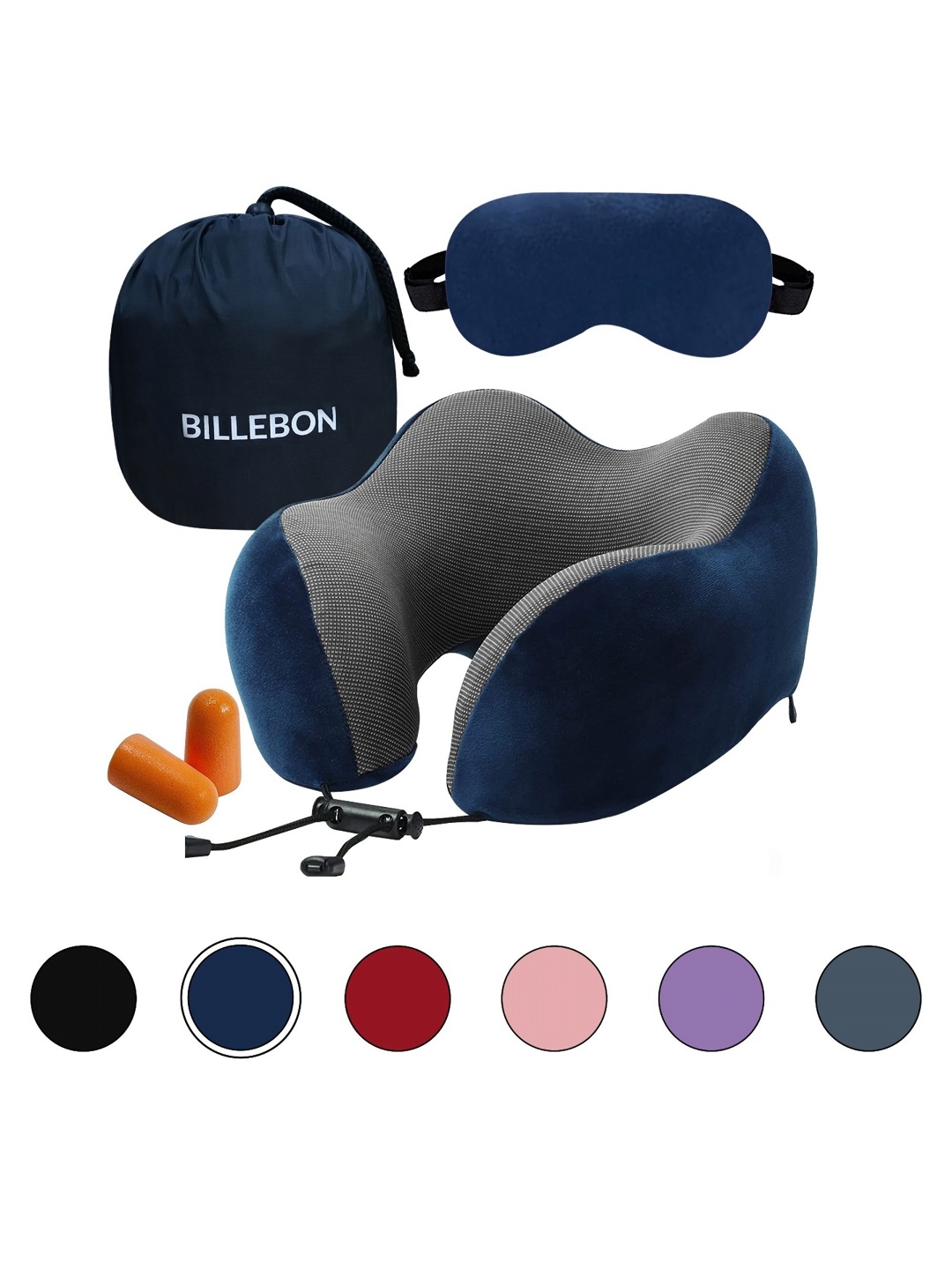 

BILLEBON Blue Set of 2 Memory Foam Filled Polycotton Breathable Travel Pillow