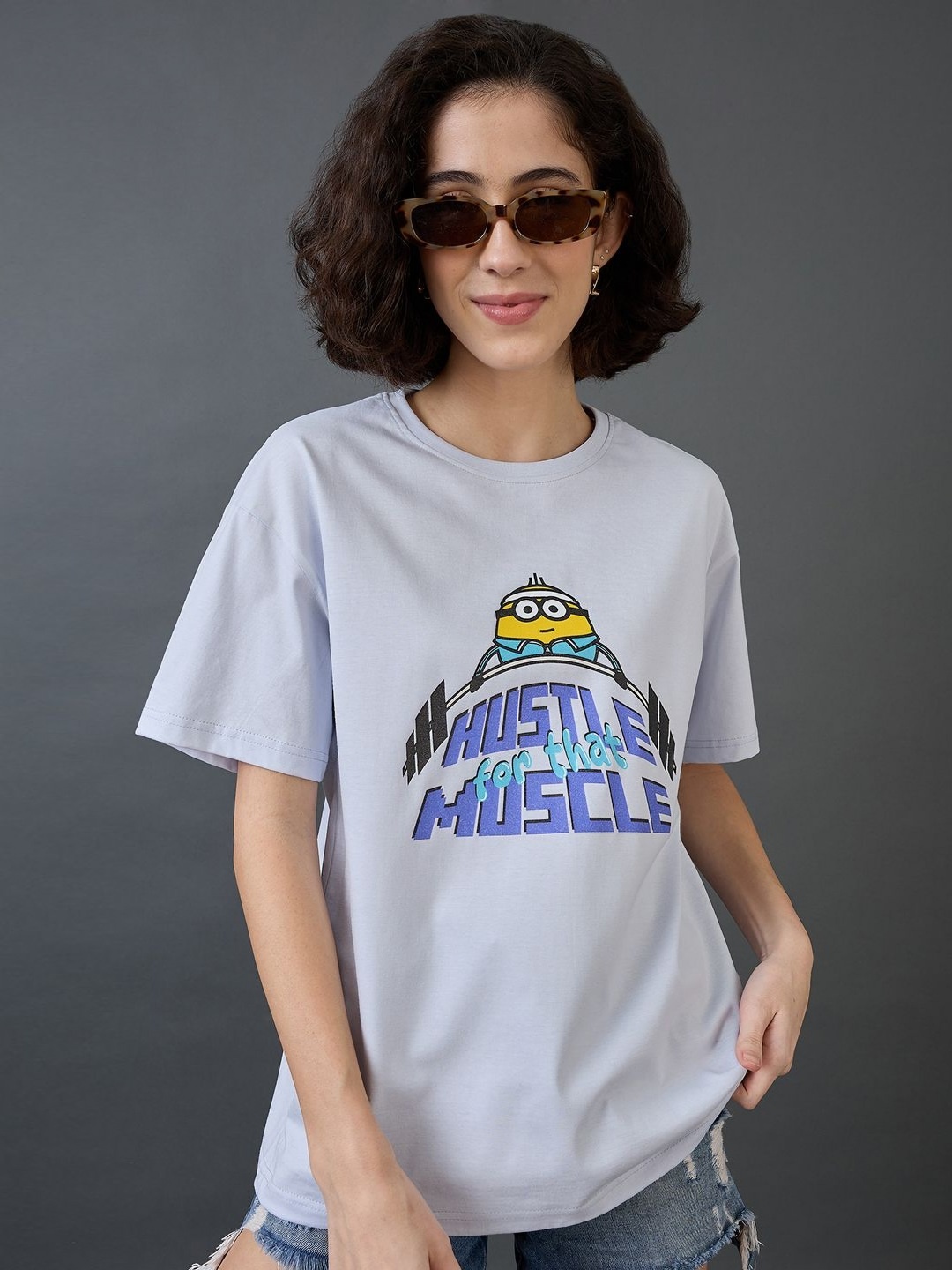 

Minions by Kook N Keech Women Printed Applique T-shirt, Grey