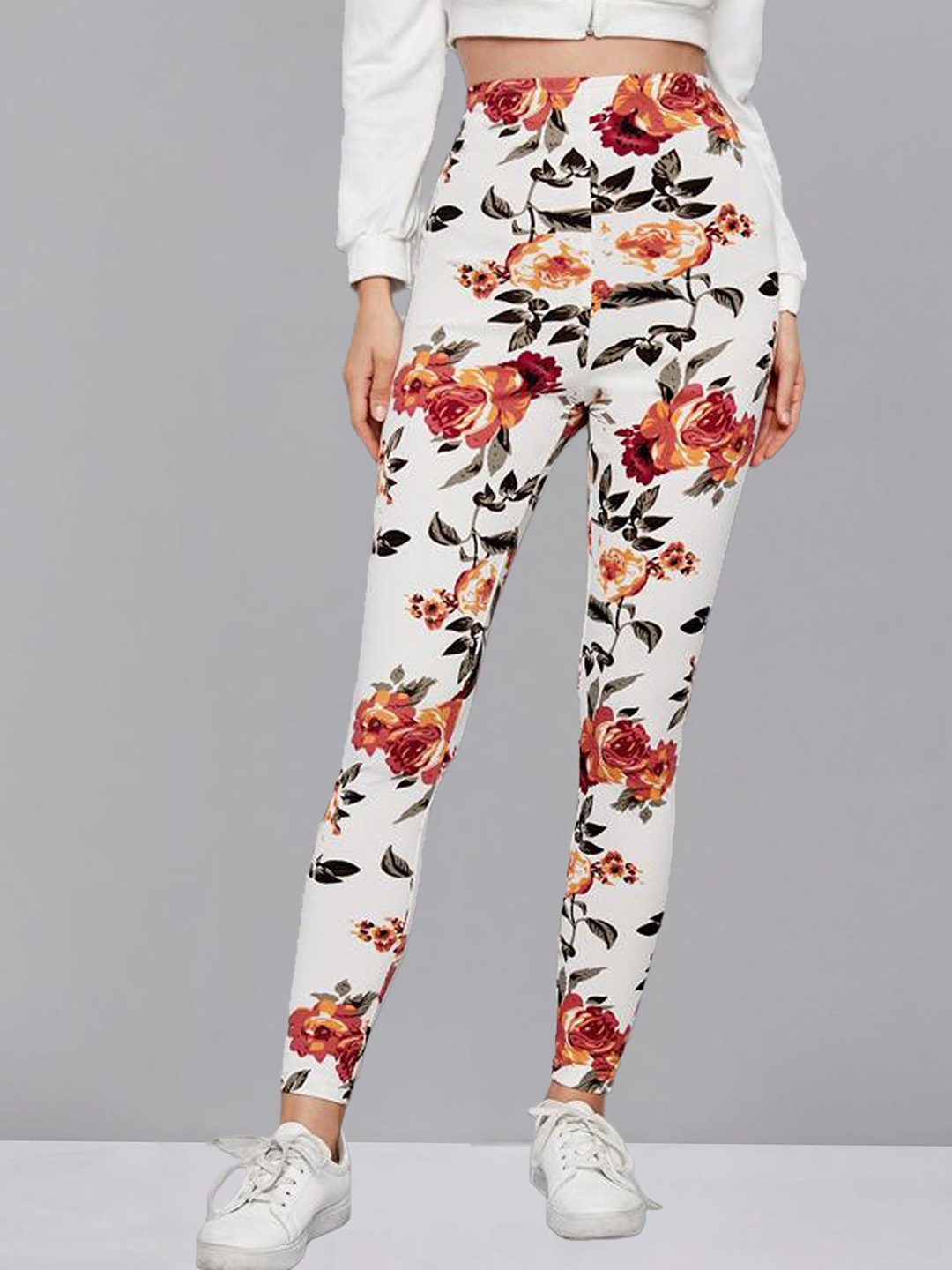 

DTR FASHION Floral Printed Mid-Rise Ankle-Length Gym Tights, White