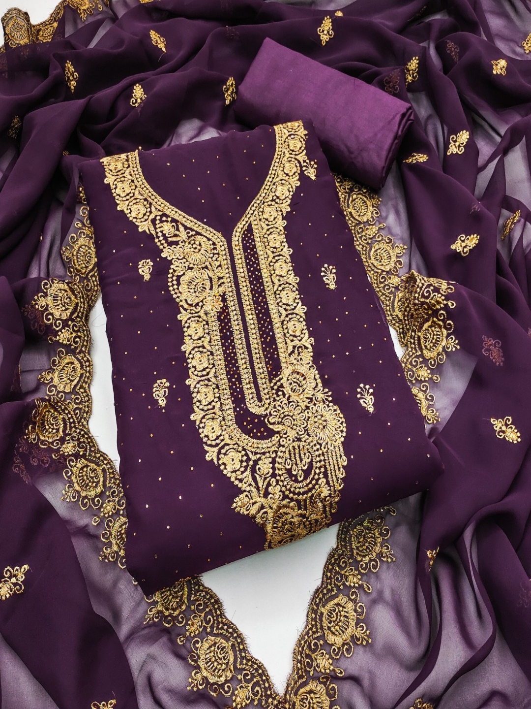 

Panzora Floral Embroidered Stone Work Georgette Unstitched Dress Material, Purple