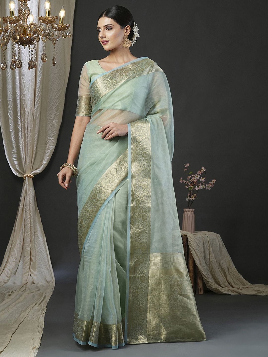 

Mitera Zari Organza Banarasi Saree, Sea green