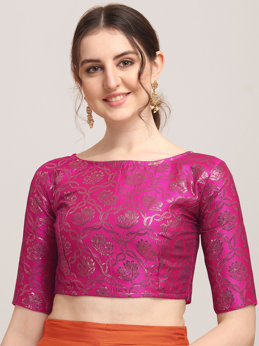 

Oomph! Woven Design Short Sleeves Saree Blouse, Pink