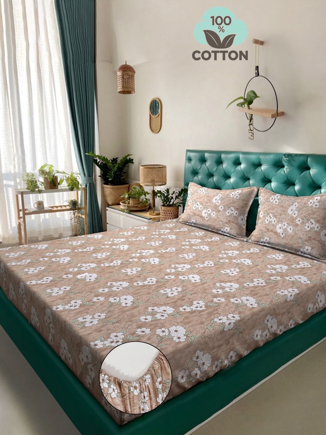 

Myntra Elegant Homes Beige Printed Cotton 400 TC King Bedsheet Set 2.50cm X 2.25 cm