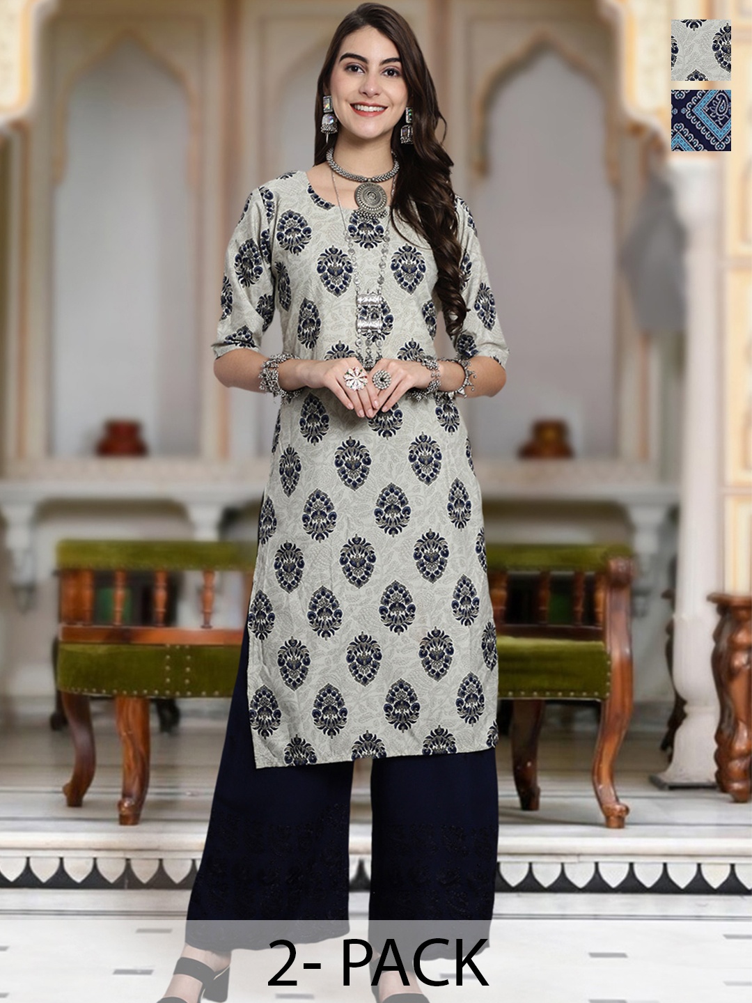 

Moda Rapido Selection Of 2 Floral Printed Round Neck Straight Kurtas, Olive