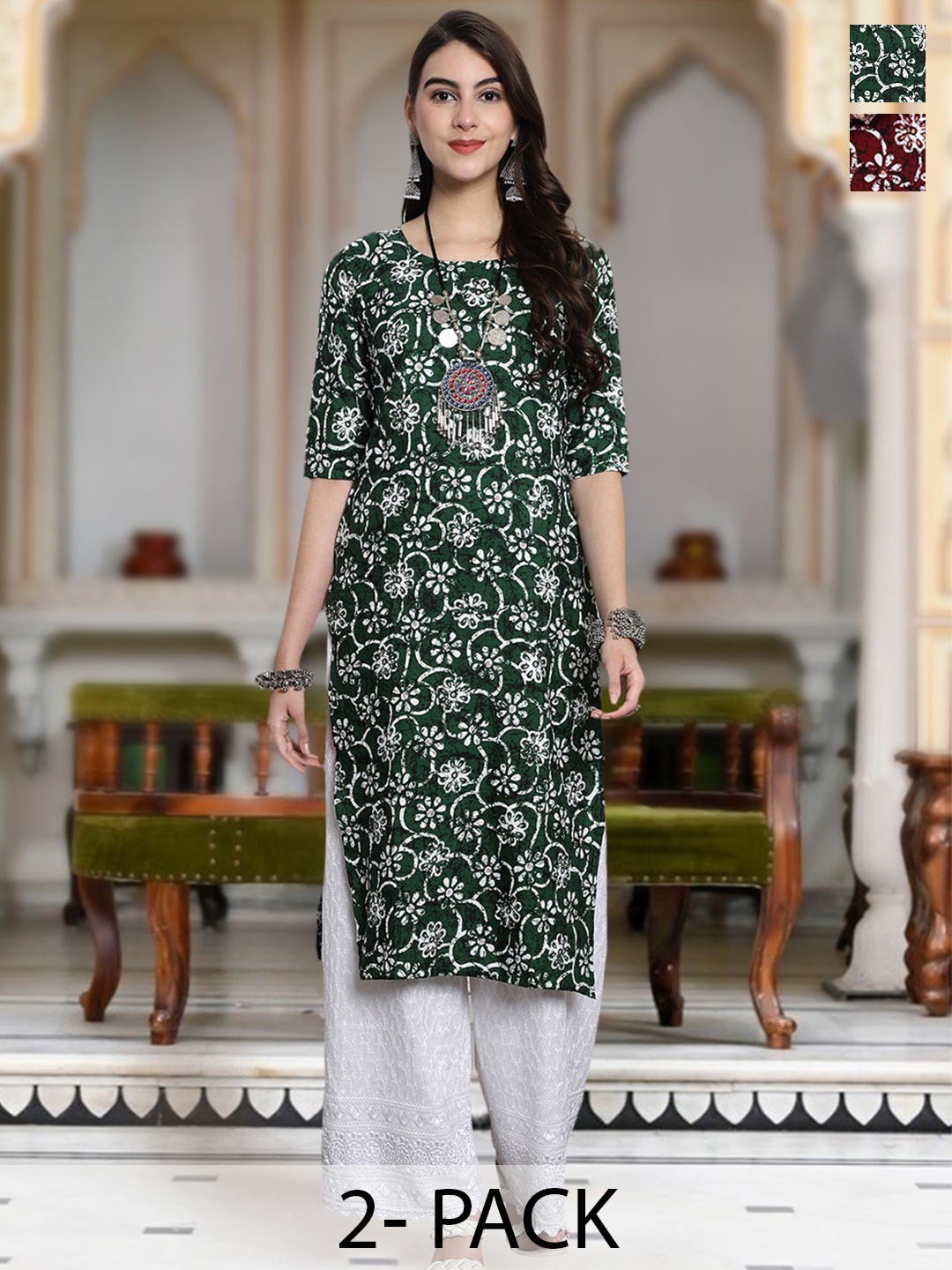 

Moda Rapido Selection Of 2 Floral Printed Round Neck Straight Kurta, Green