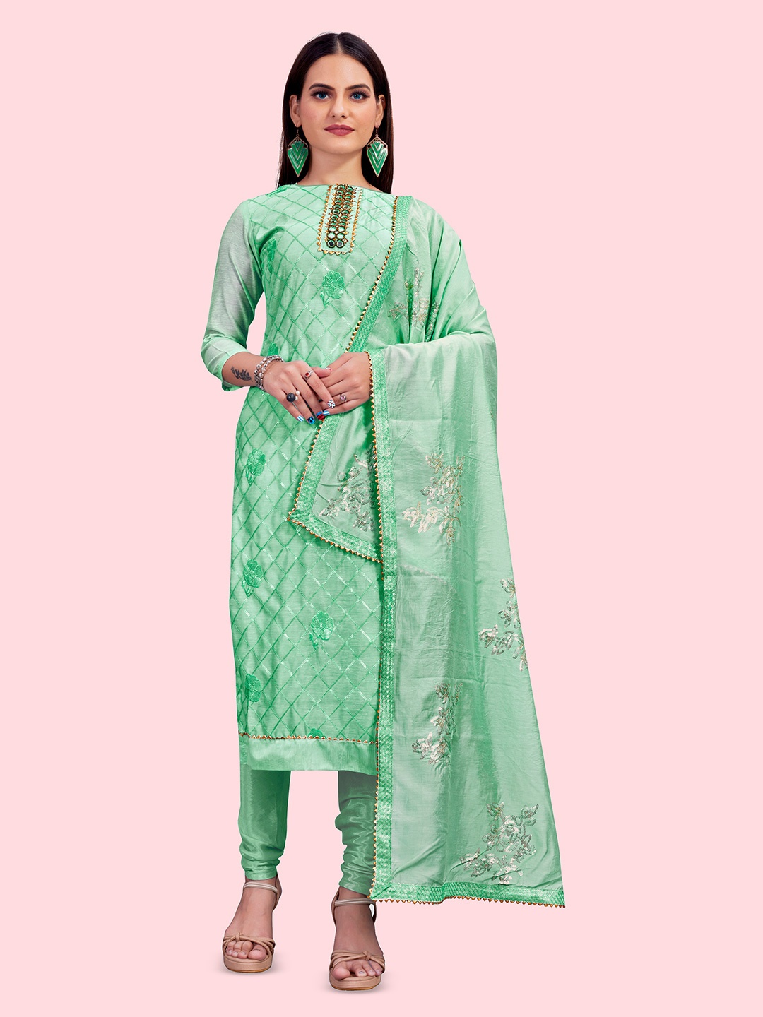 

HERE&NOW Floral Embroidered Sequinned Unstitched Dress Material, Sea green