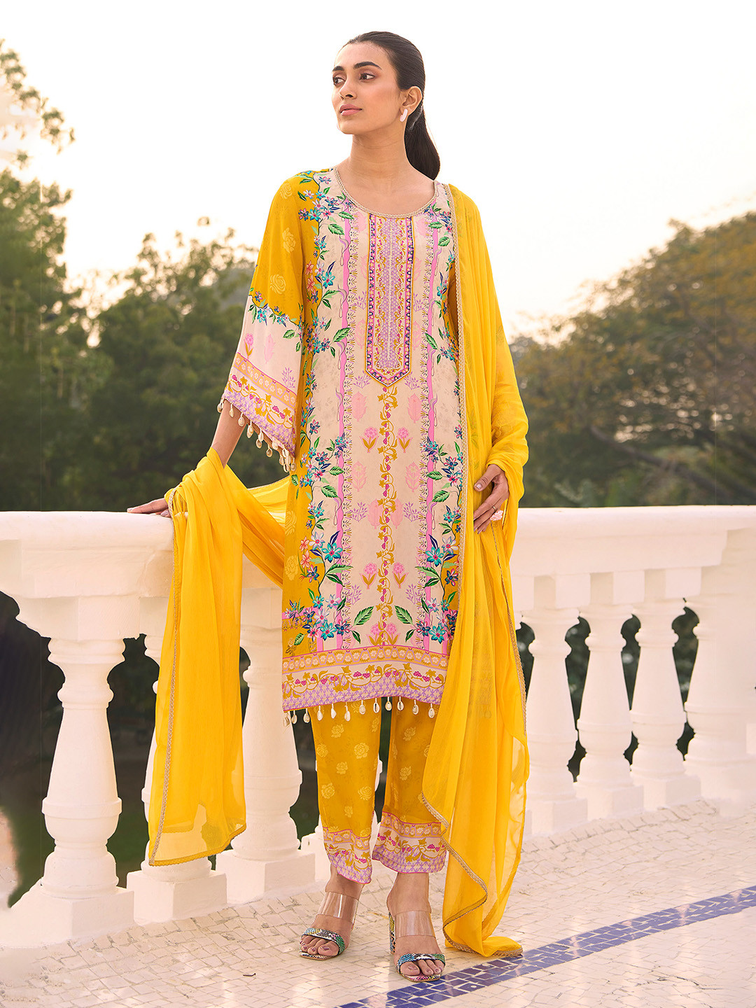 

Anouk Floral Printed Mirror Work Pure Silk A-Line Kurta With Trousers & Dupatta, Yellow
