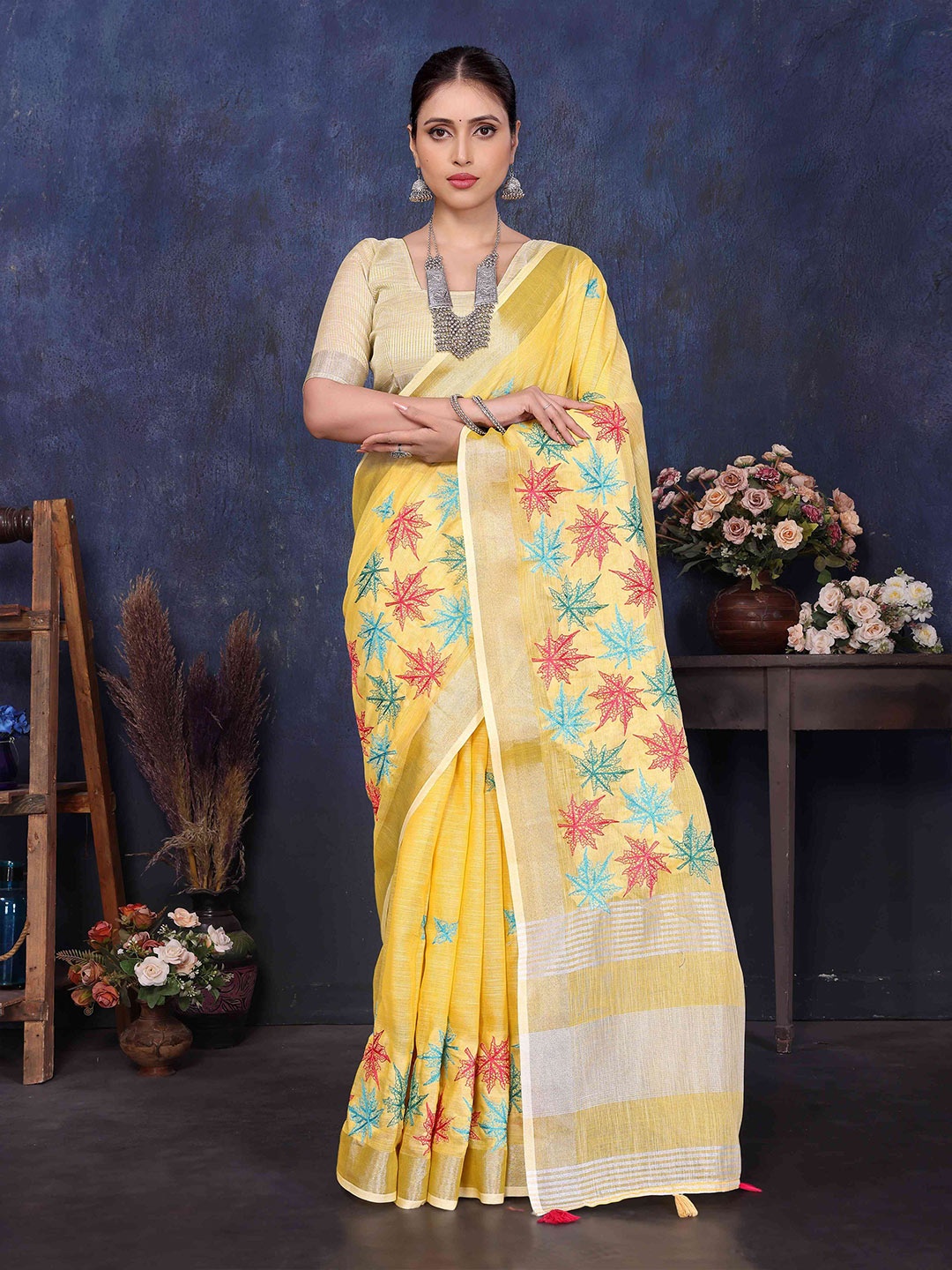 

NEGRONI Floral Embroidered Pure Linen Bhagalpuri Saree, Yellow