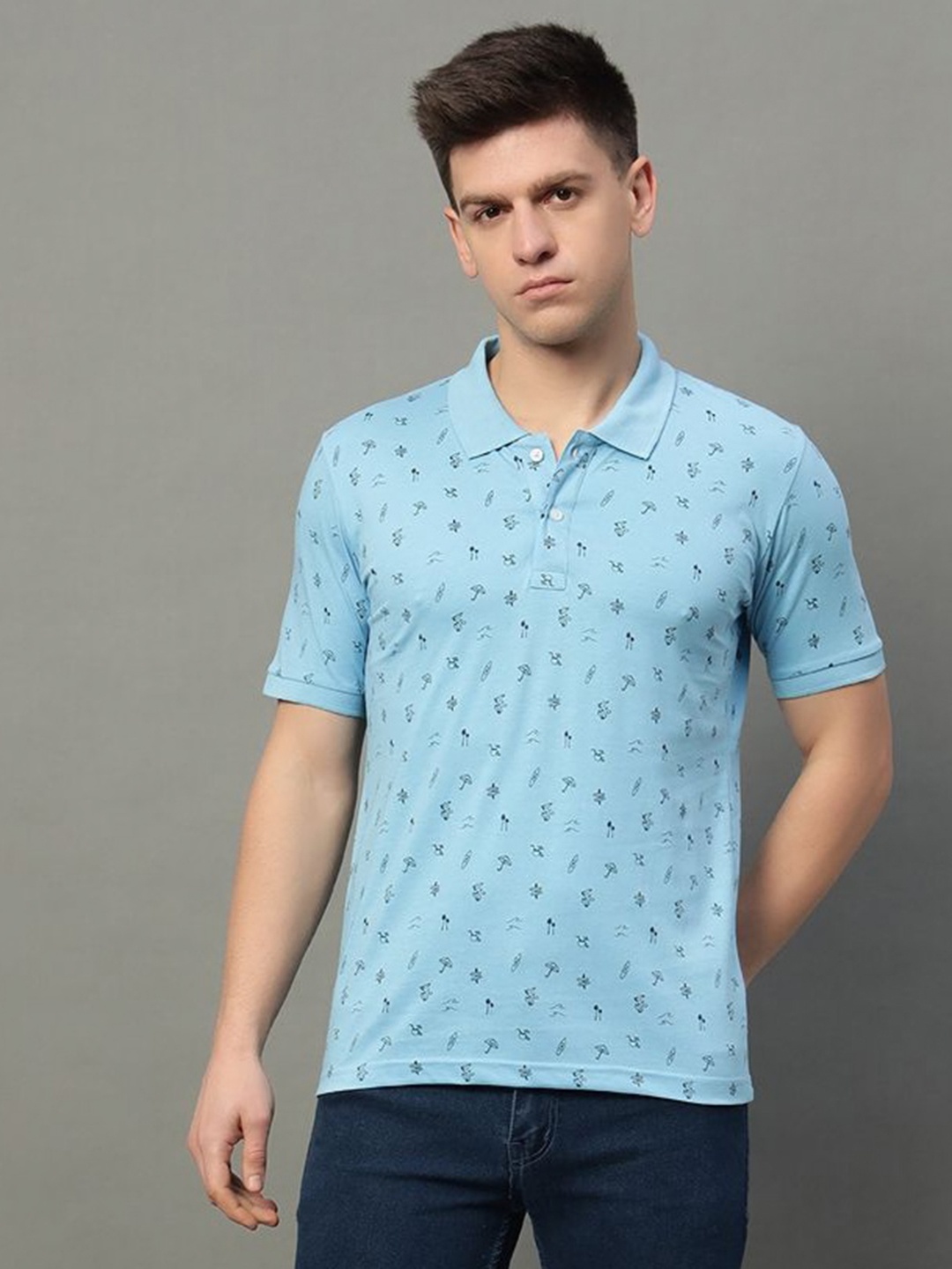 

XYRIS Men Printed Polo Collar Drop-Shoulder Sleeves T-shirt, Blue