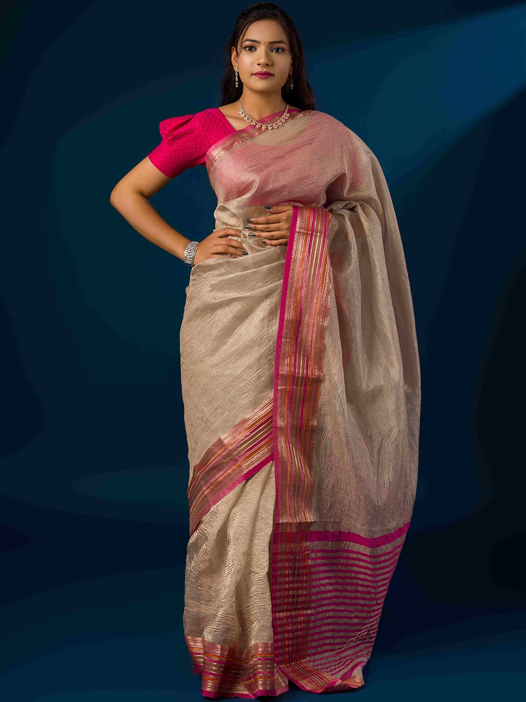

KCPC BANDHANI Woven Design Zari Tissue Banarasi Saree, Cream