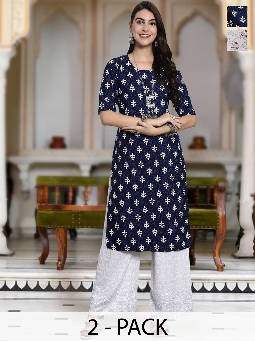 

Moda Rapido Selection Of 2 Floral Printed Round Neck Straight Kurta, Black