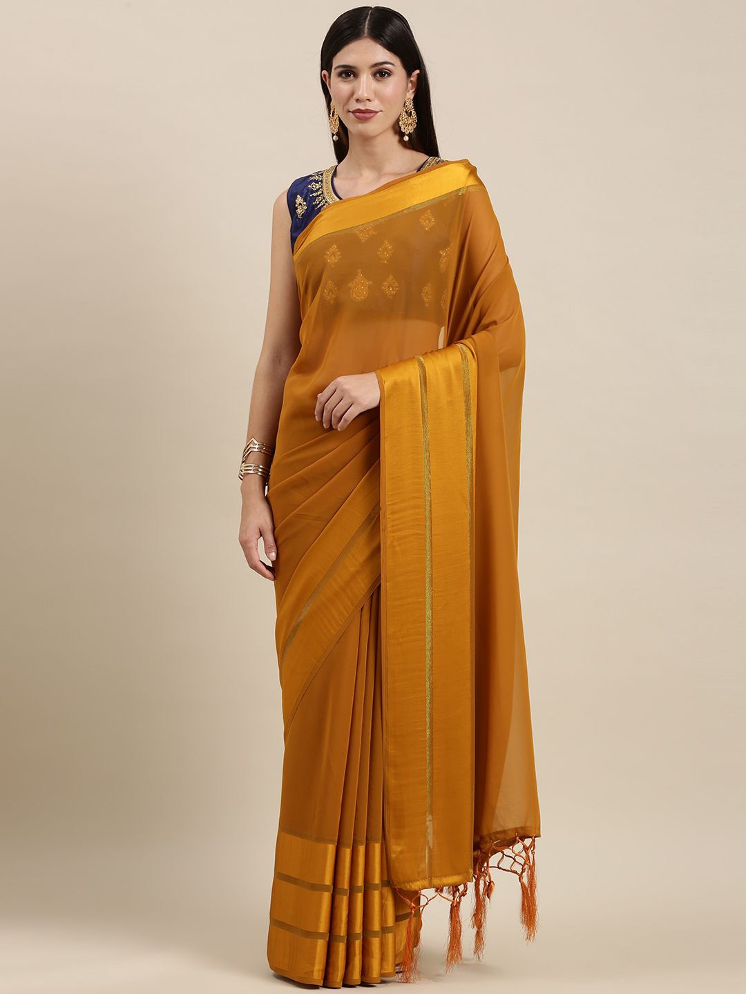 

Mitera Zari Poly Georgette Saree, Mustard