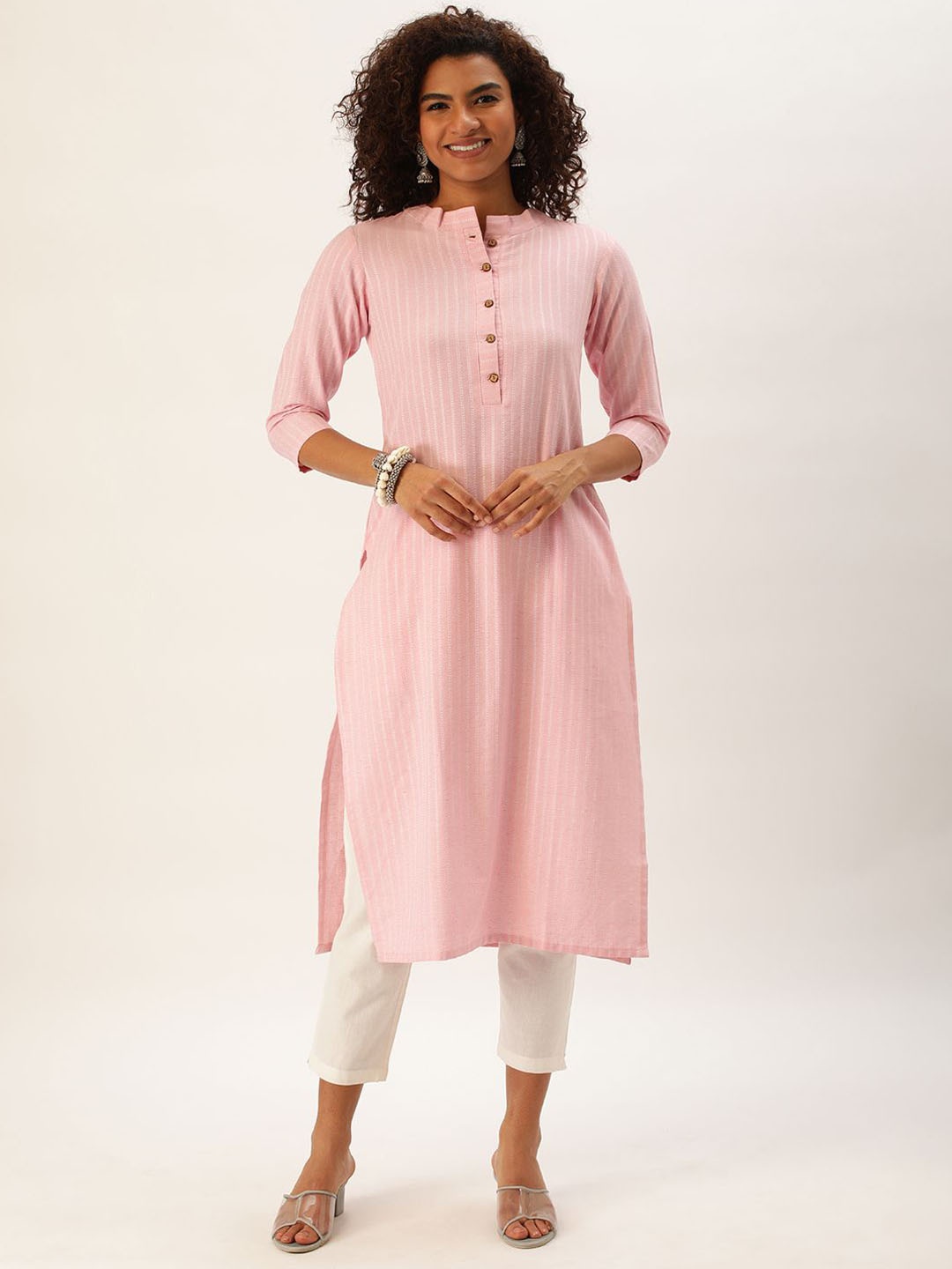 

KALINI Striped Mandarin Collar Cotton Straight Kurta, Pink