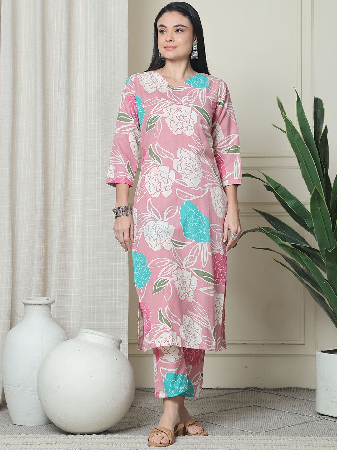

Rajnandini Floral Printed V-Neck Pure Cotton Tunic With Trouser, Pink