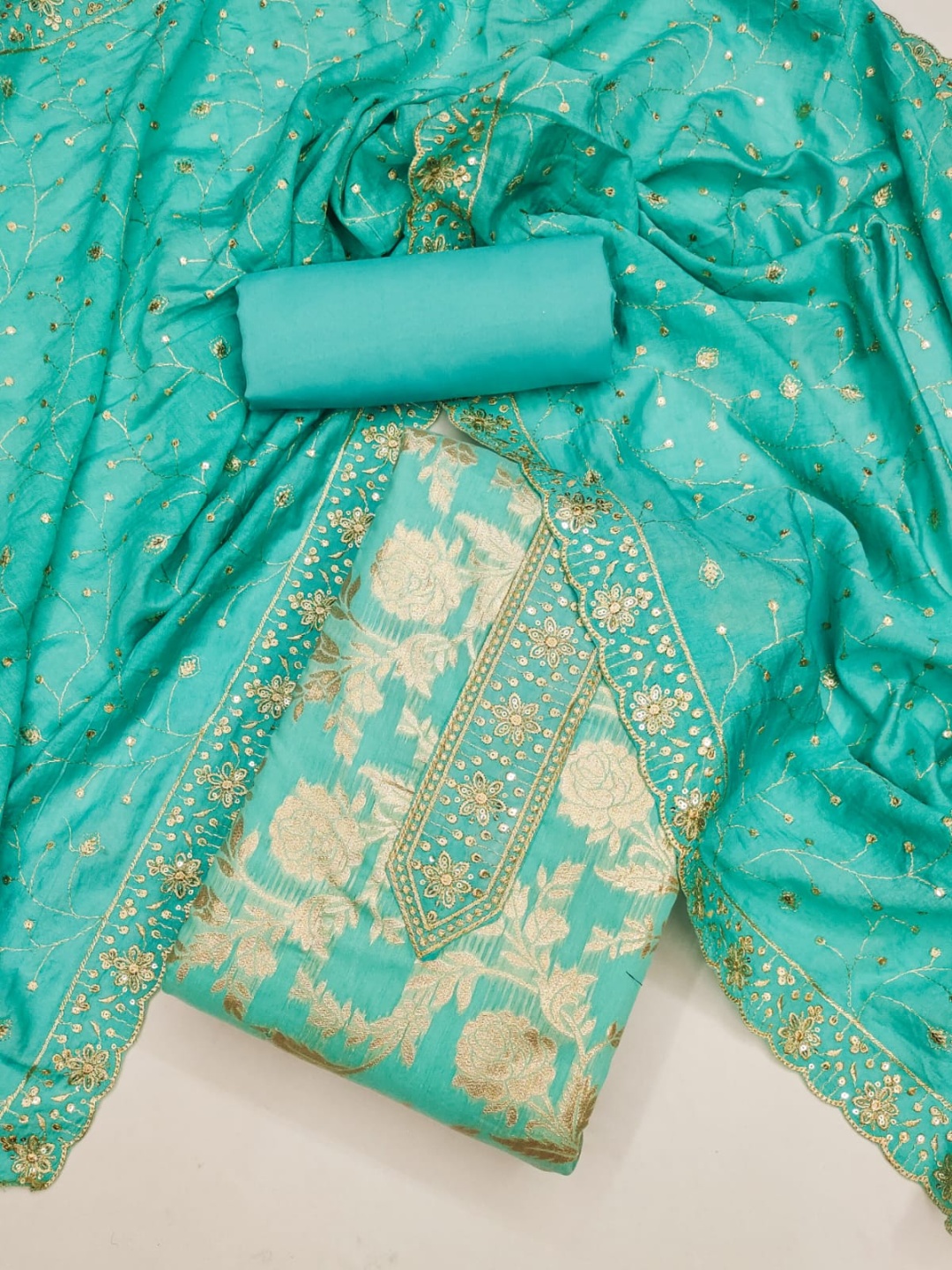 

SWARNGANGA TEX Floral Embroidered Sequinned Banarasi Silk Unstitched Dress Material, Blue