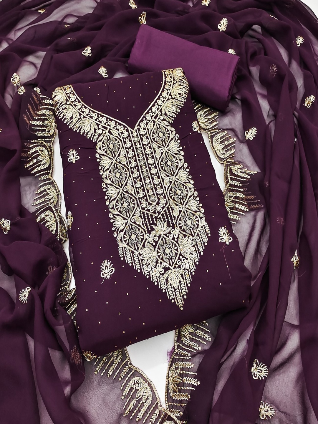 

KALINI Floral Embroidered Thread Work Unstitched Dress Material, Purple