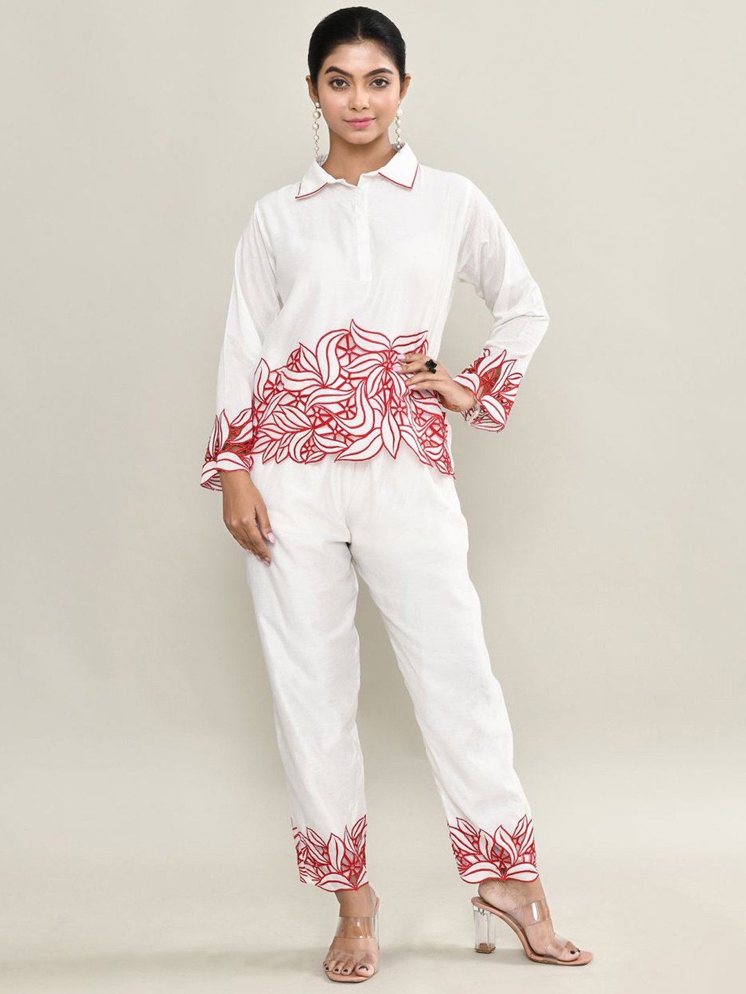 

The Maple Floral Printed Collared Top With Trousers, White