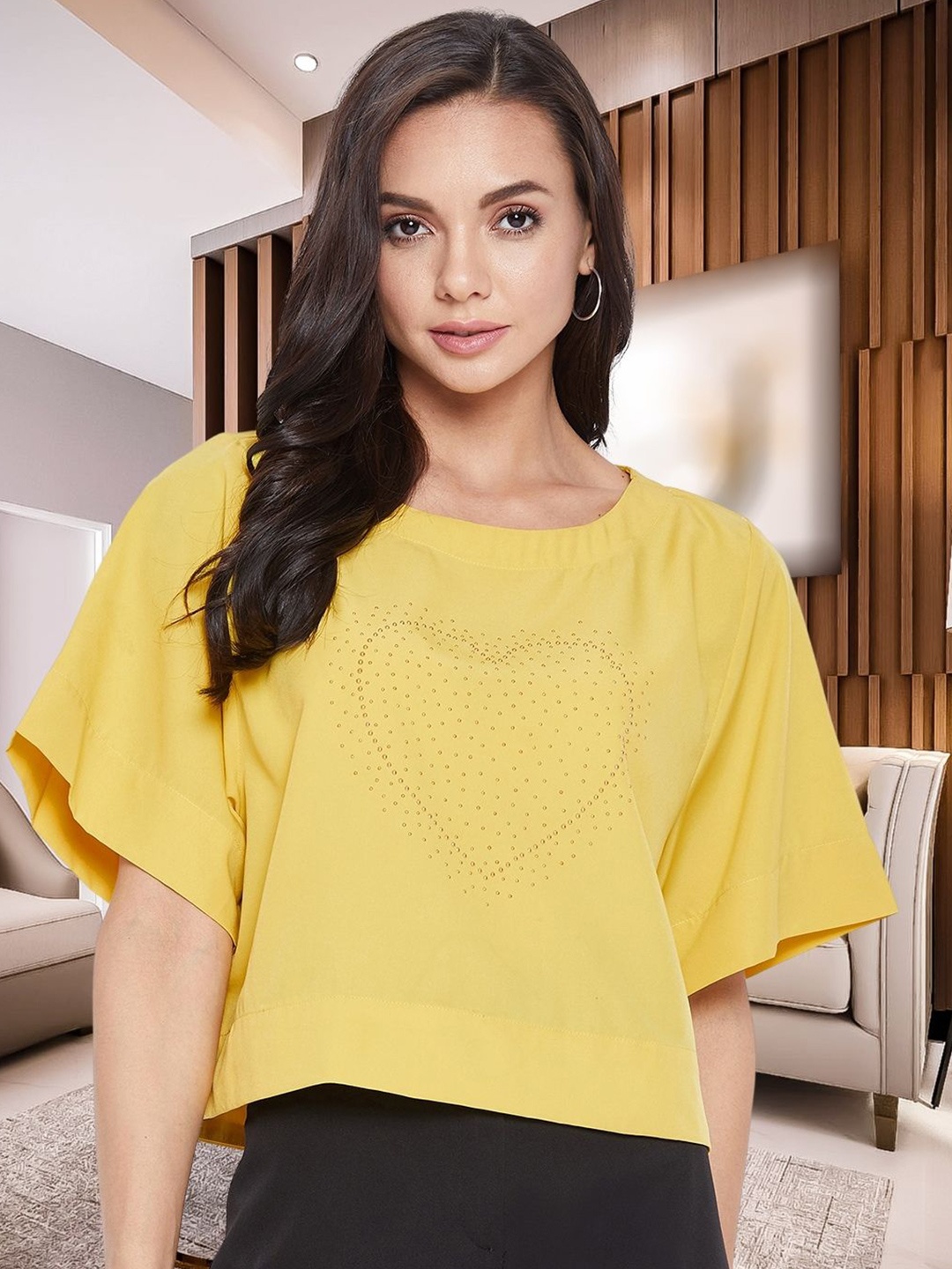 

DressBerry Embellished Crepe Boxy Crop Top, Yellow