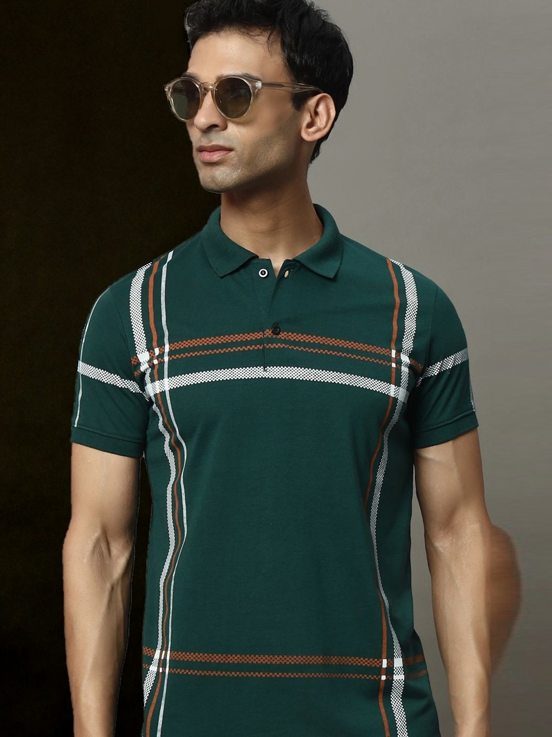 

OGEN Men Printed Polo Collar Pockets T-shirt, Olive