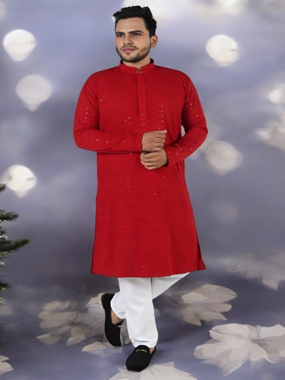 

Atly Men Embroidered Regular Sequinned Kurta with Pyjamas, Maroon