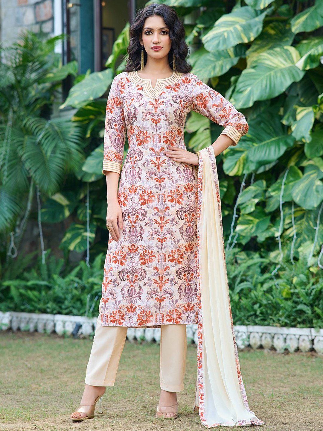 

Moda Rapido Women Floral Printed Regular Kurta with Trousers & With Dupatta, Cream