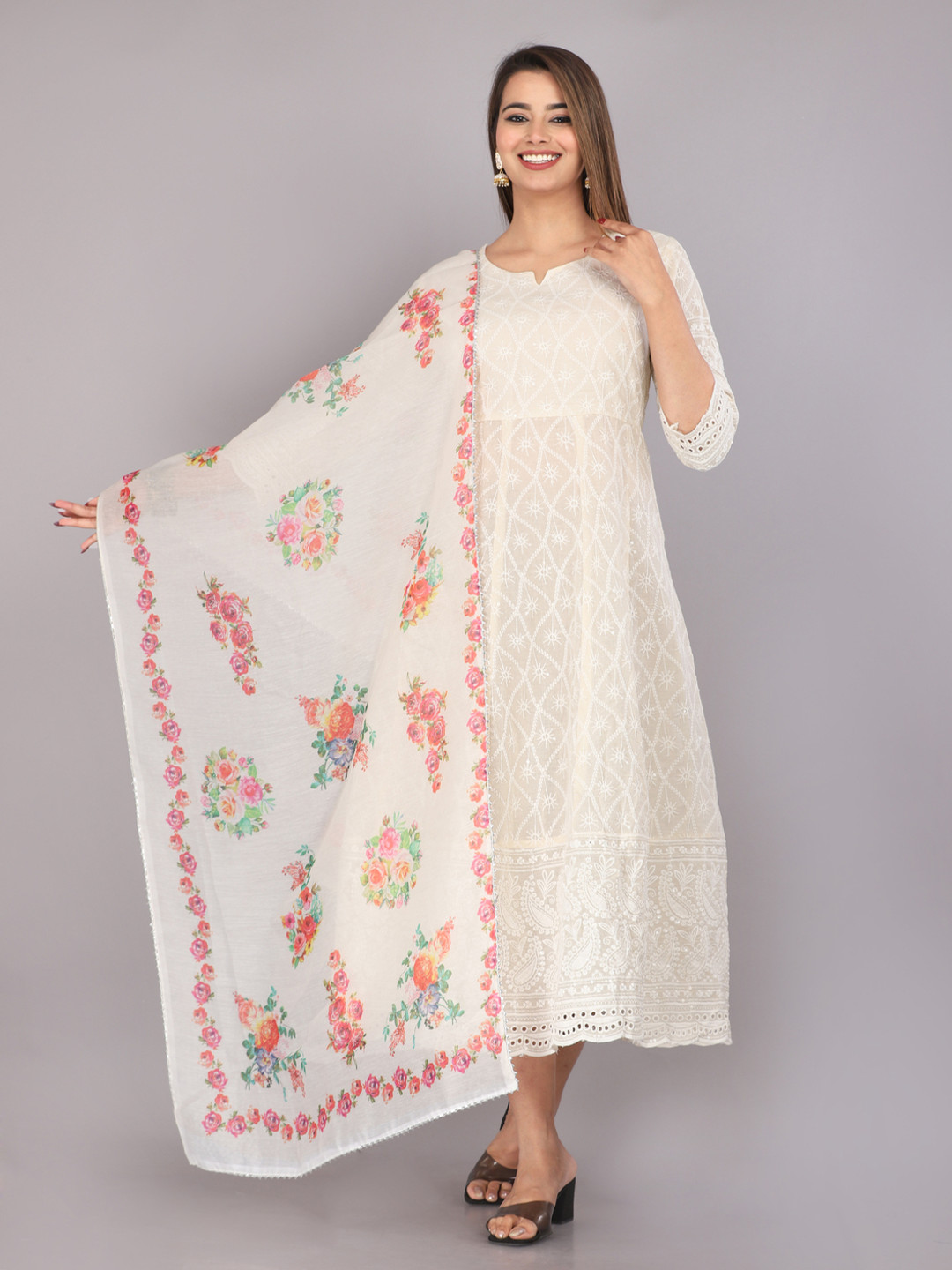 

GURRA Round Neck Antalkali Ethnic Dresses With Dupatta, Off white