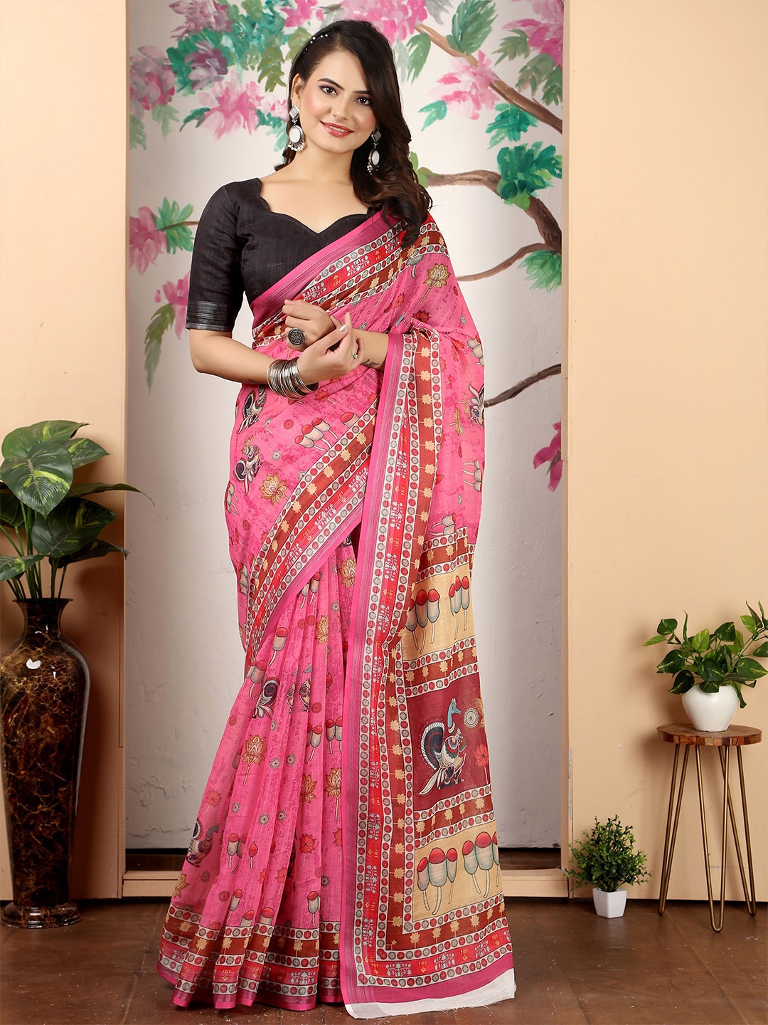 

Anouk Kalamkari Linen Blend Saree, Pink