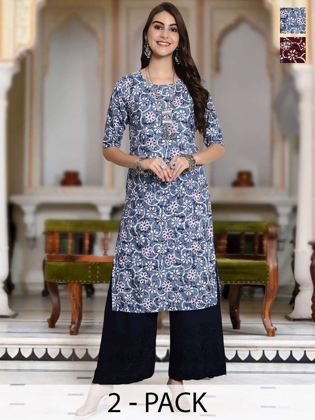 

Moda Rapido Selection Of 2 Floral Printed Round Neck Straight Kurta, Blue
