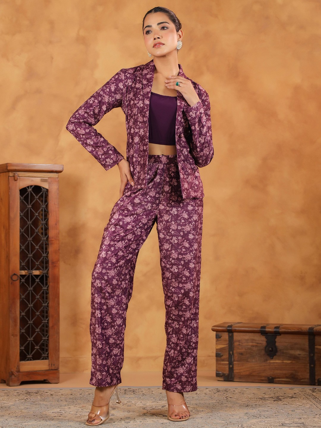 

KALINI Shoulder Straps Top With Trousers & Blazer, Purple