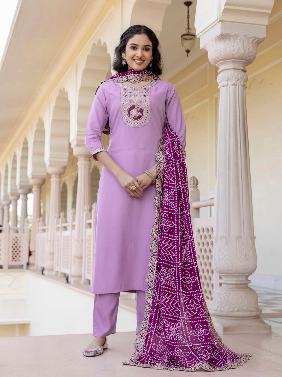 

Navlik Women Embroidered Regular Kurta with Trousers & With Dupatta, Lavender