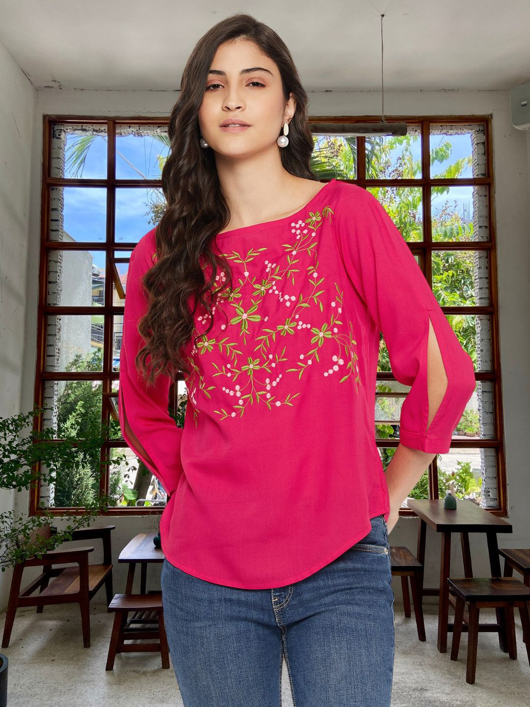 

DressBerry Embroidered Slit Sleeve Top, Fuchsia