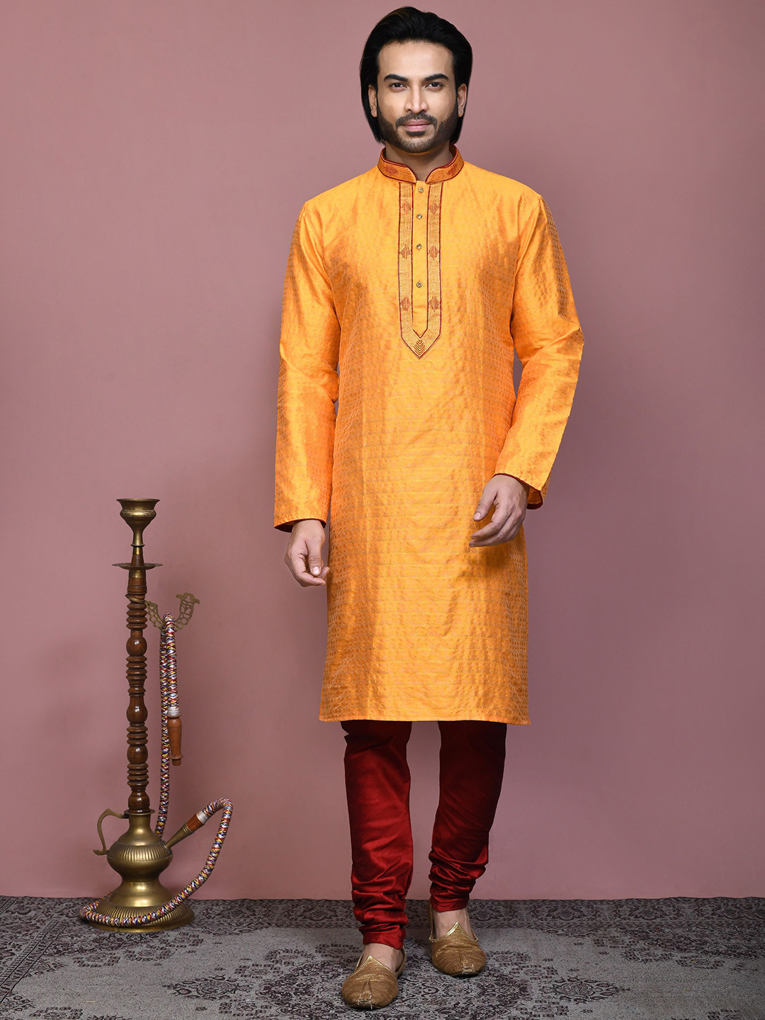 

RANAK Men Ethnic Motifs Embroidered Regular Kurta with Pyjamas, Orange